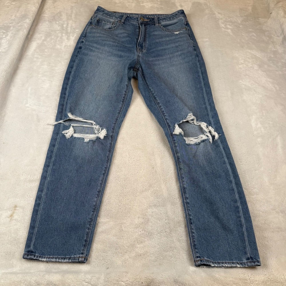 American Eagle Mom Jeans Womens 6 Regular Distressed Blue High Waisted Stretch